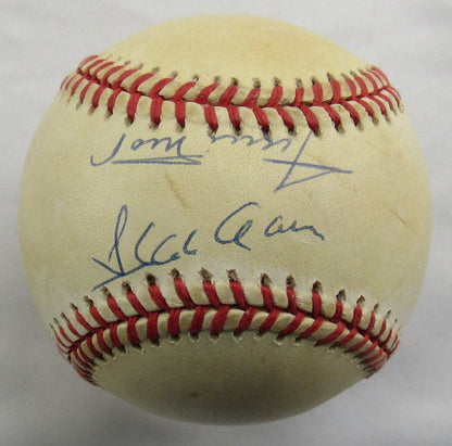 Hank Aaron Willie Mays Signed Auto Rawlings Baseball PSA AQ02031