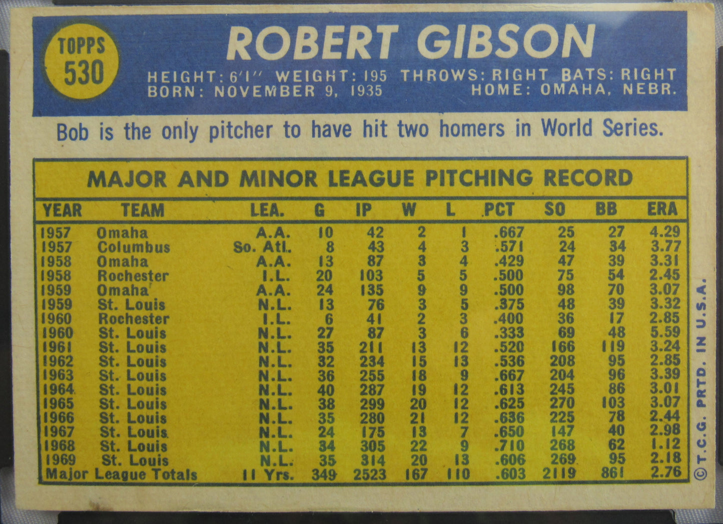 1970 Topps Bob Gibson #530 Signed Auto Autograph Card SGC Encapsulated