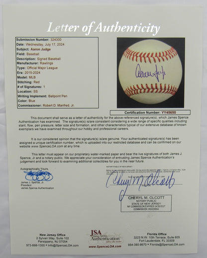 Aaron Judge Signed Auto Autograph Rawlings Baseball JSA LOA YY45650