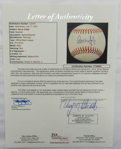 Aaron Judge Signed Auto Autograph Rawlings Baseball JSA LOA YY45653