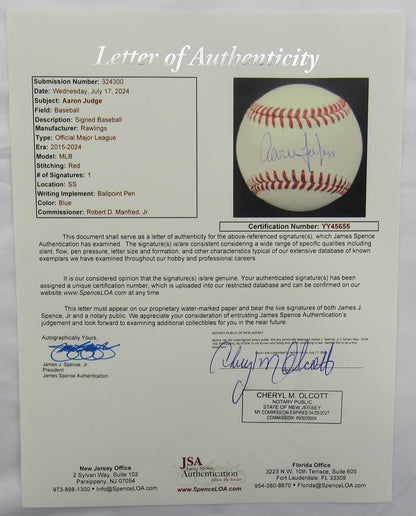 Aaron Judge Signed Auto Autograph Rawlings Baseball JSA LOA YY45655