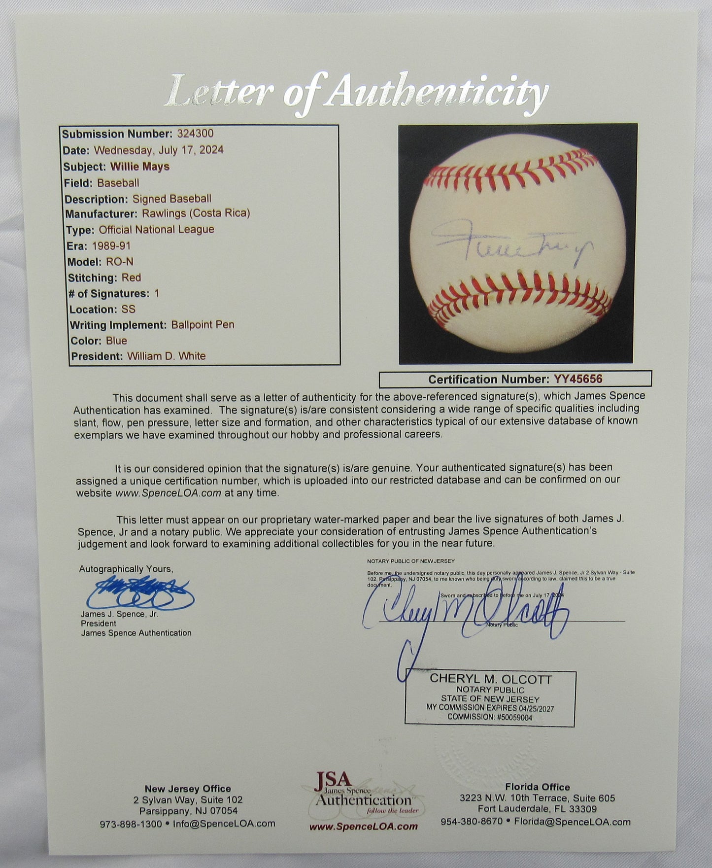 Willie Mays Signed Auto Autograph Baseball JSA LOA YY45656