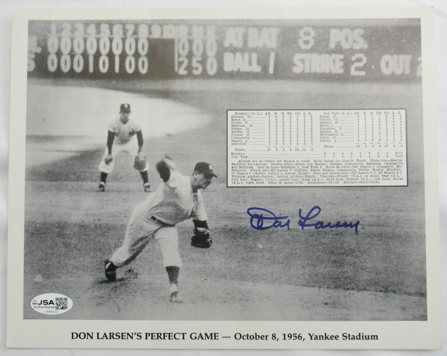 Don Larsen Signed 8x10 Photo JSA CN60137