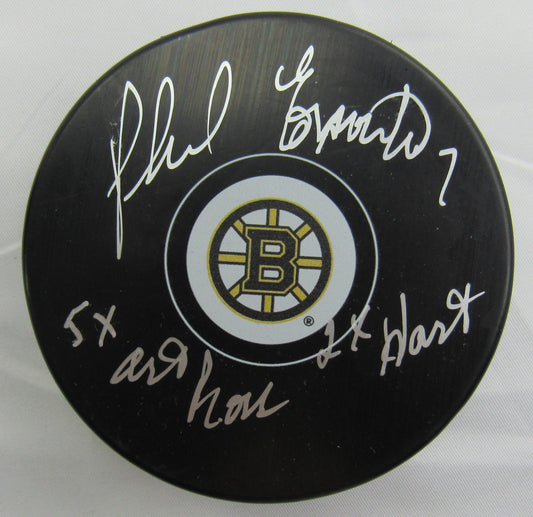 Phil Esposito Signed Auto Autograph Bruins Logo Hockey Puck w/ Insc JSA WB307840