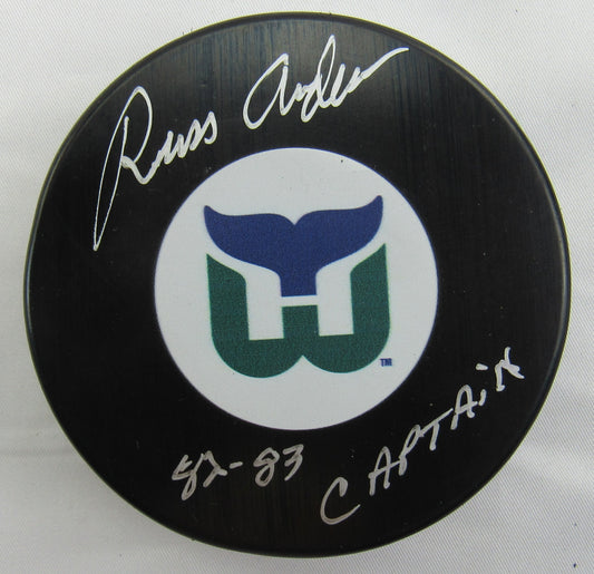 Russ Anderson Signed Auto Autograph Whalers Logo Hockey Puck w/ Insc Beckett Hologram