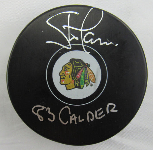 Steve Larmer Signed Auto Autograph Blackhawks Logo Hockey Puck w/ Insc JSA AG87056