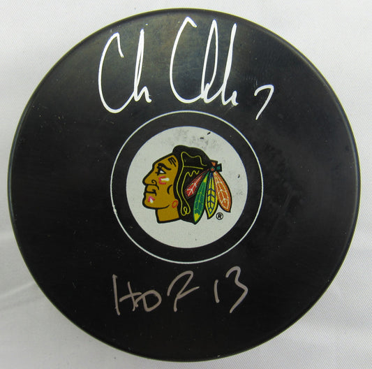 Chris Chelios Signed Auto Autograph Blackhawks Logo Hockey Puck w/ Insc RSA Hologram