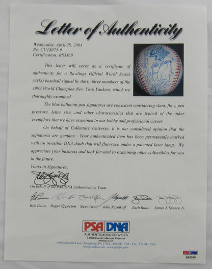 1999 New York Yankess Team Signed Rawlings Baseball PSA/DNA LOA B85569 Derek Jeter