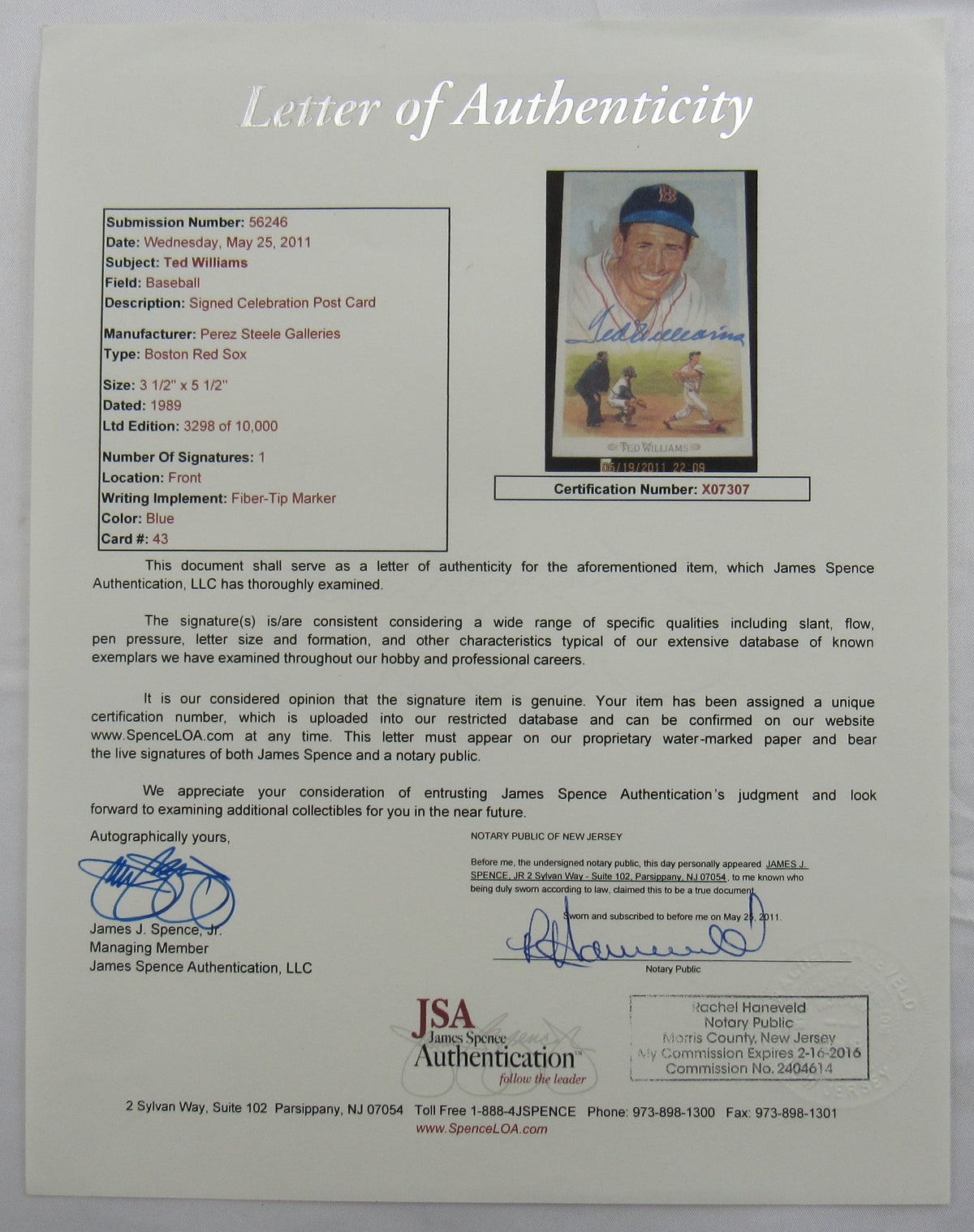 Ted Williams Signed Auto Post Card PSA/DNA JSA LOA X07307