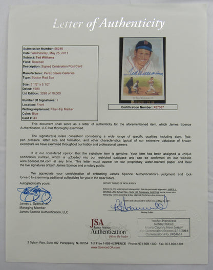 Ted Williams Signed Auto Post Card PSA/DNA JSA LOA X07307