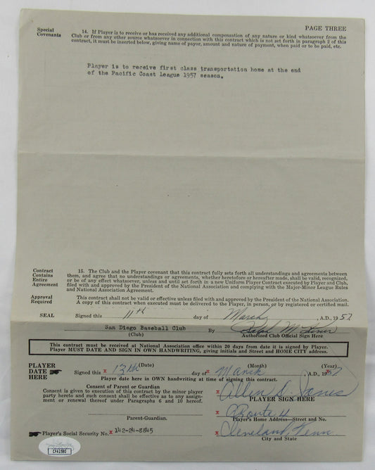 Ralph Kiner Signed Auto Contract JSA CF42580