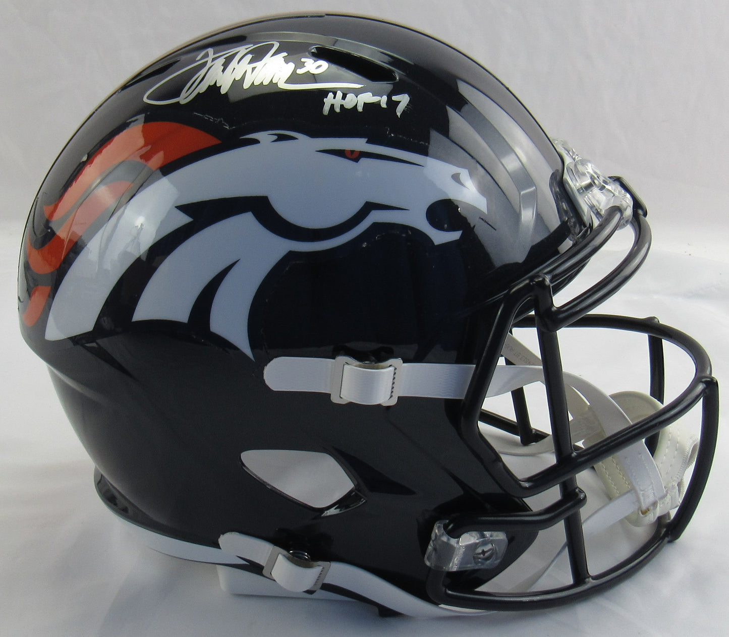 Terrell Davis Signed Auto Autograph Riddell Broncos Helmet Replica w/ HOF Insc JSA COA WB541842