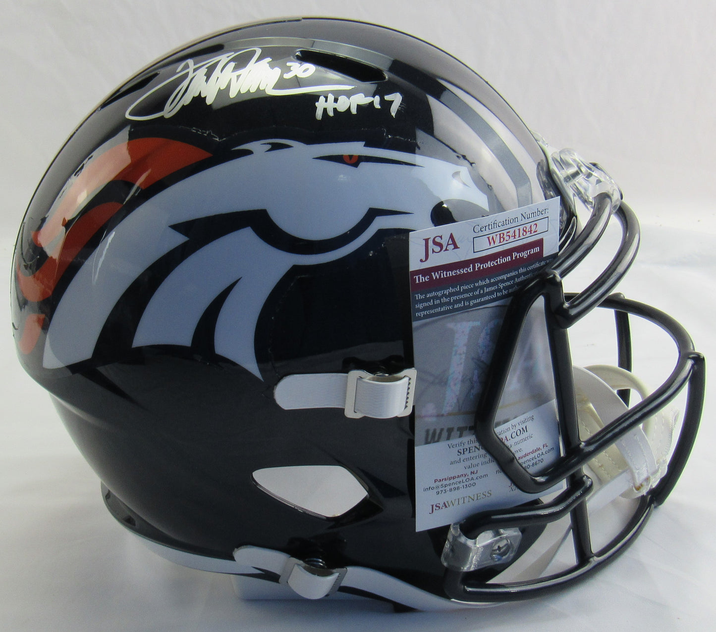 Terrell Davis Signed Auto Autograph Riddell Broncos Helmet Replica w/ HOF Insc JSA COA WB541842