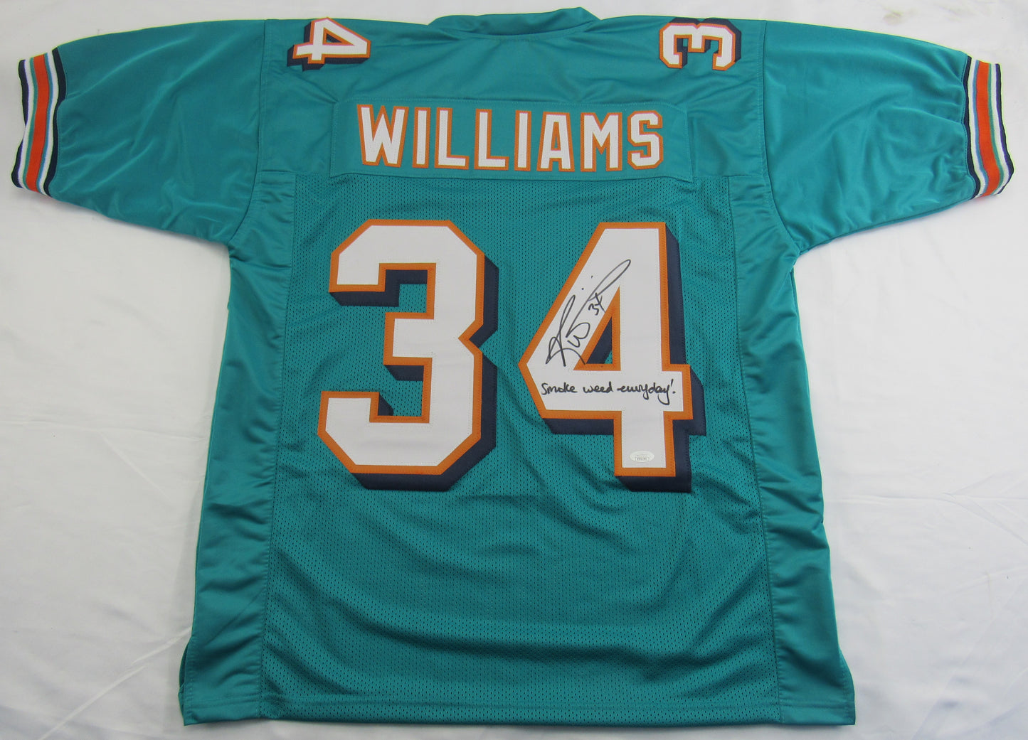 Ricky Williams Signed Auto Autograph Throwback Dolphins Jersey w/ Smoke Insc JSA COA