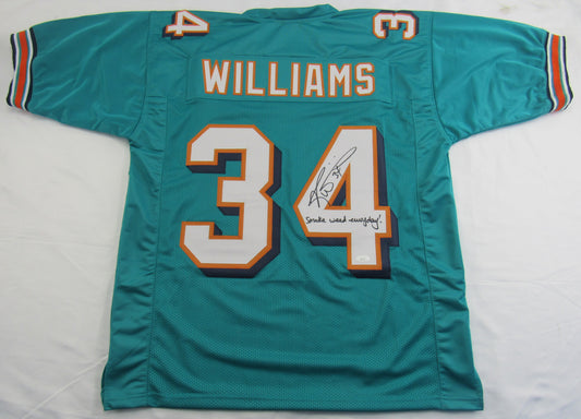 Ricky Williams Signed Auto Autograph Throwback Dolphins Jersey w/ Smoke Insc JSA COA