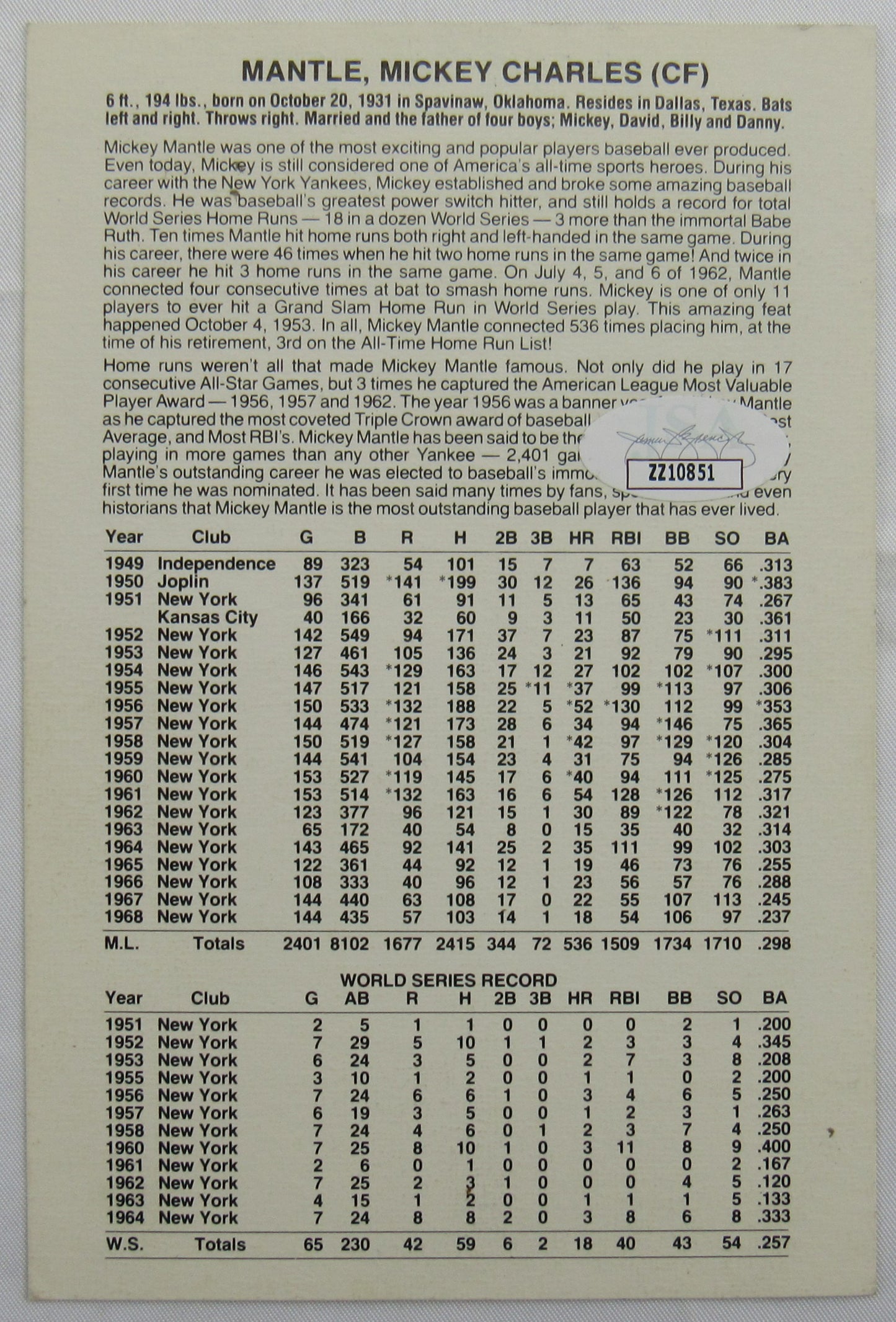 Mickey Mantle Signed Auto 4x6 Card JSA LOA ZZ10851
