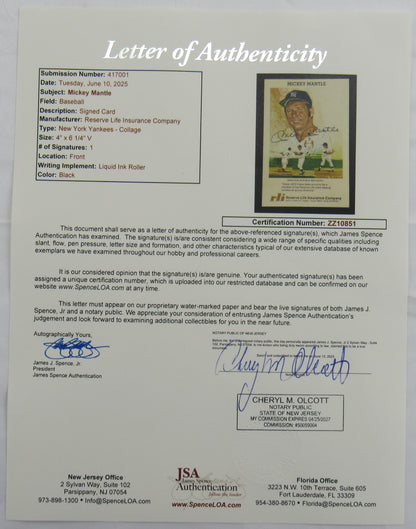 Mickey Mantle Signed Auto 4x6 Card JSA LOA ZZ10851