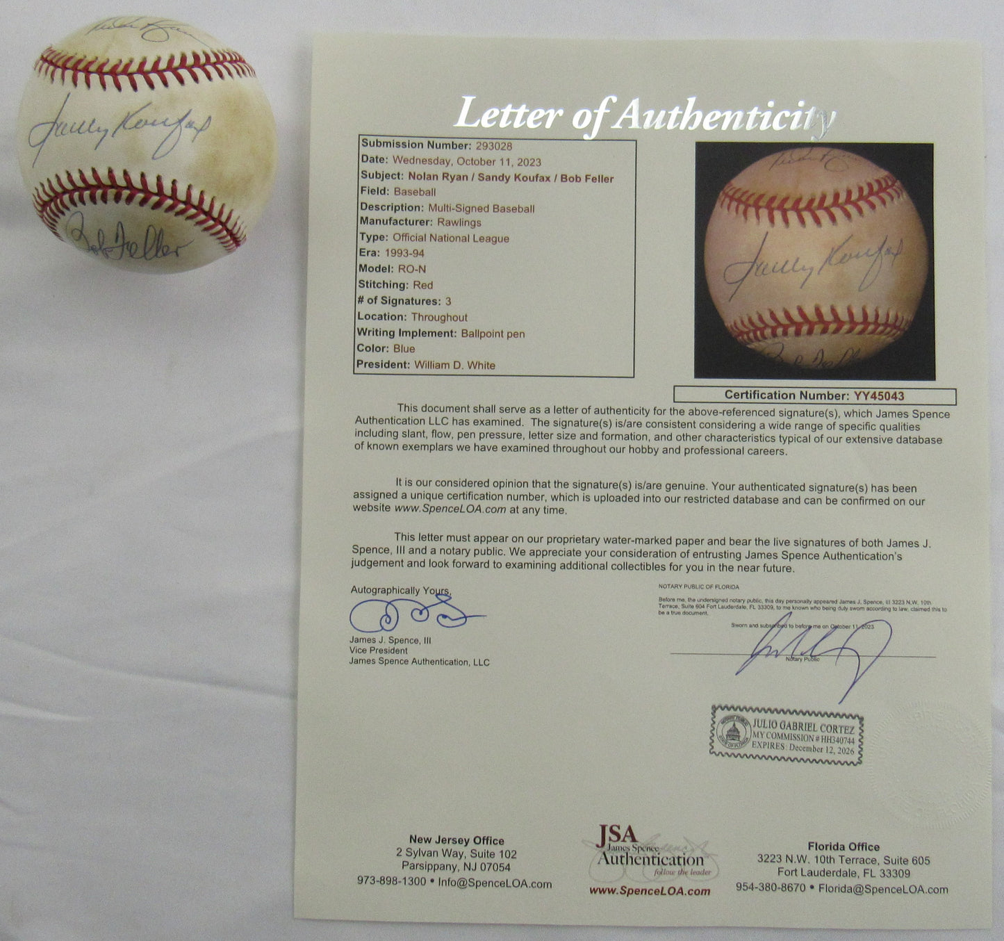 Bob Feller Nolan Ryan Sandy Koufax Signed Auto Autograph Rawlings Baseball JSA LOA