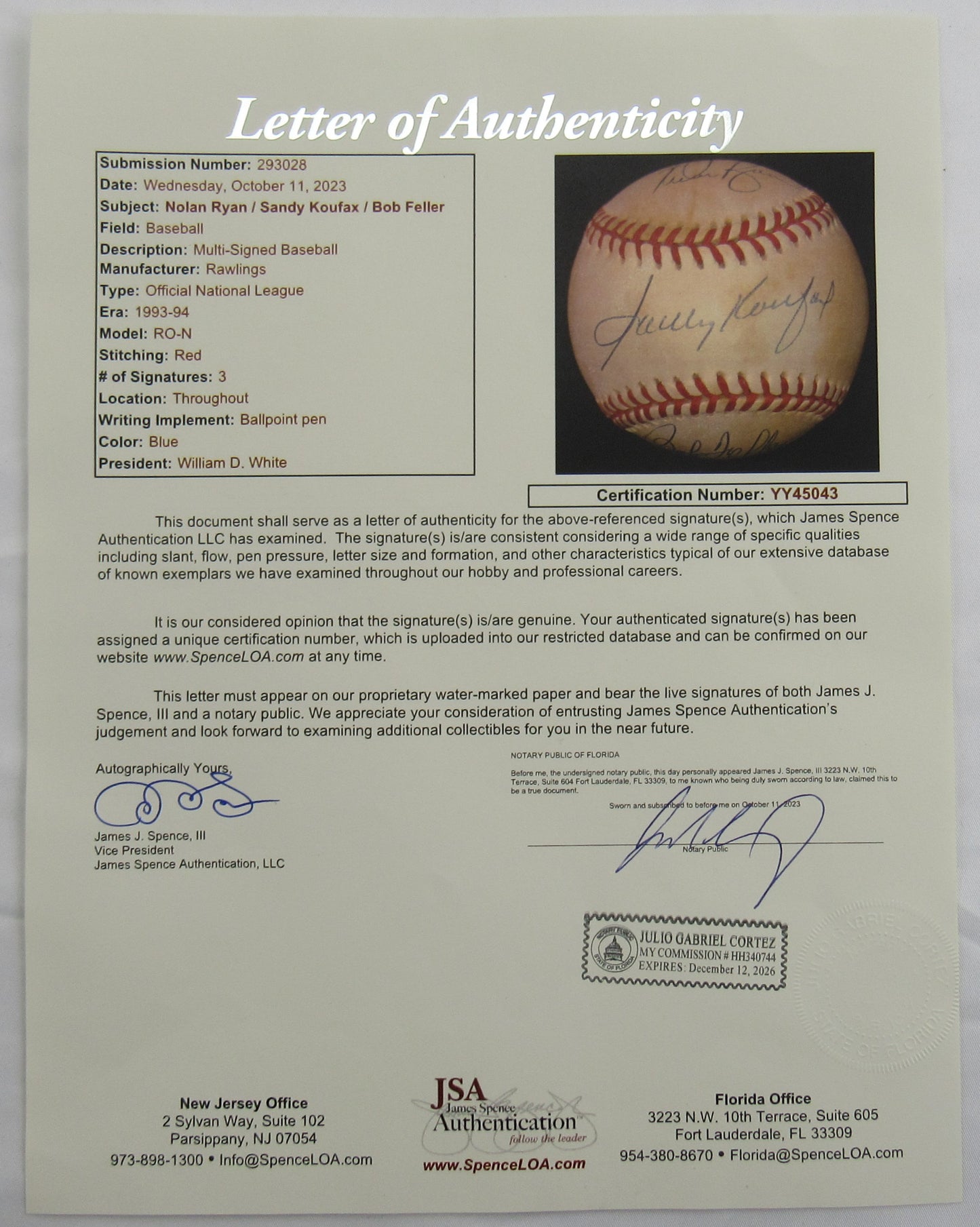 Bob Feller Nolan Ryan Sandy Koufax Signed Auto Autograph Rawlings Baseball JSA LOA