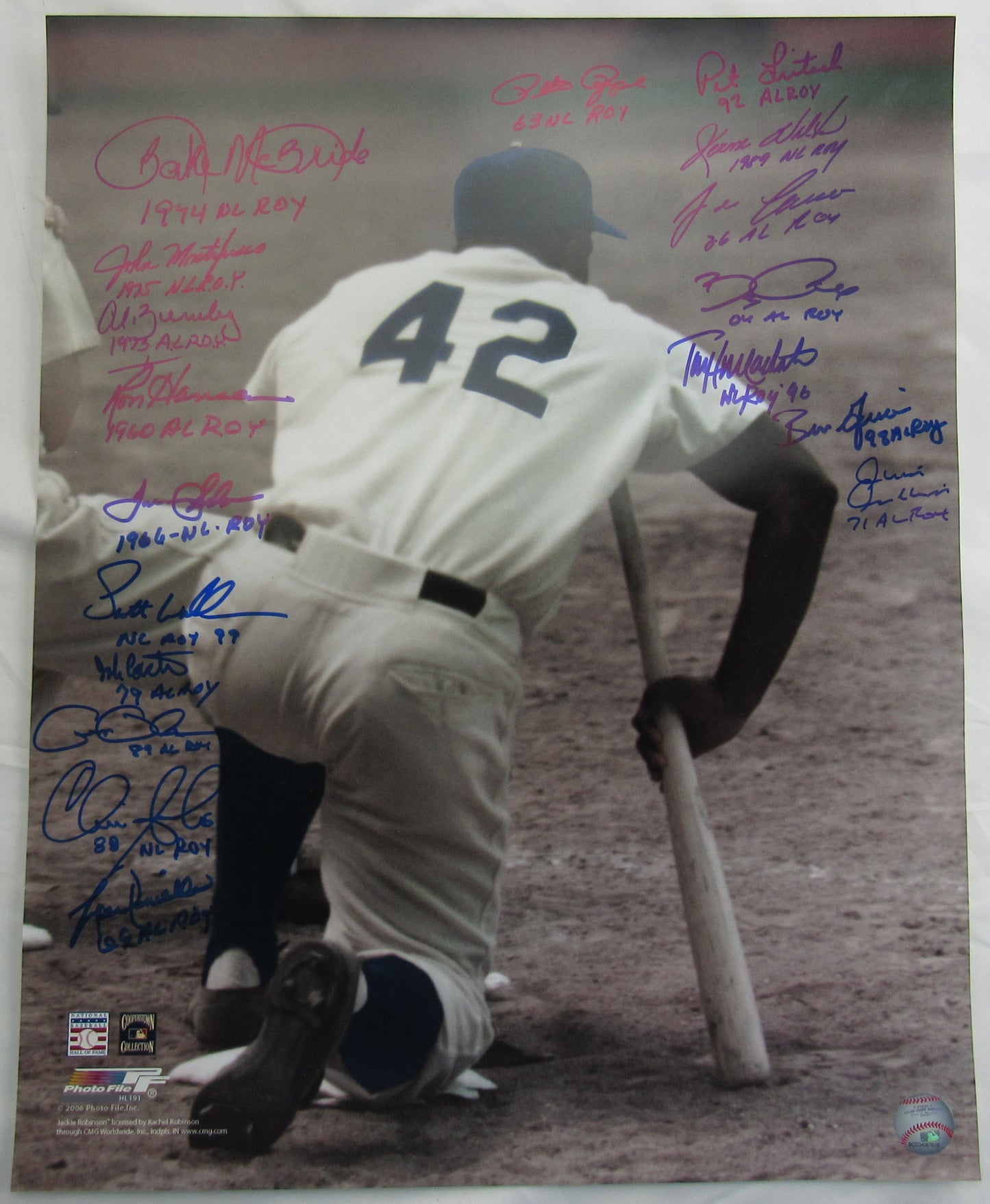 ROY Rookie of the Year Multi Signed Auto 16x20 Jackie Robinson Photo - Pete Rose, Jose Canseco