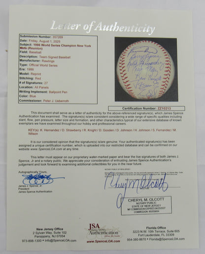 1986 World Series Champion New York Mets Signed Auto Baseball JSA LOA ZZ10213