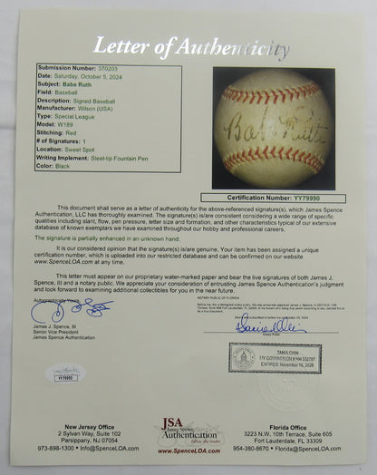 Babe Ruth Signed Auto Autograph Wilson Baseball JSA LOA YY79990