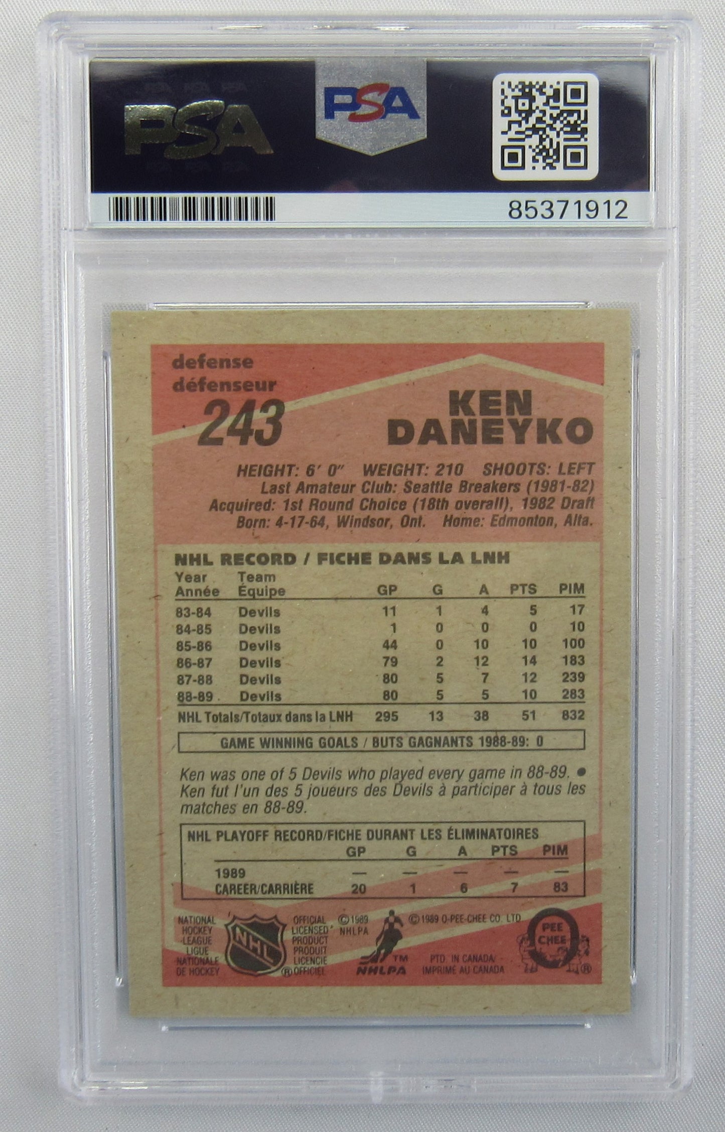 Ken Daneyko 1989 O-Pee-Chee Signed Auto Autograph Hockey Card PSA Encapsulated