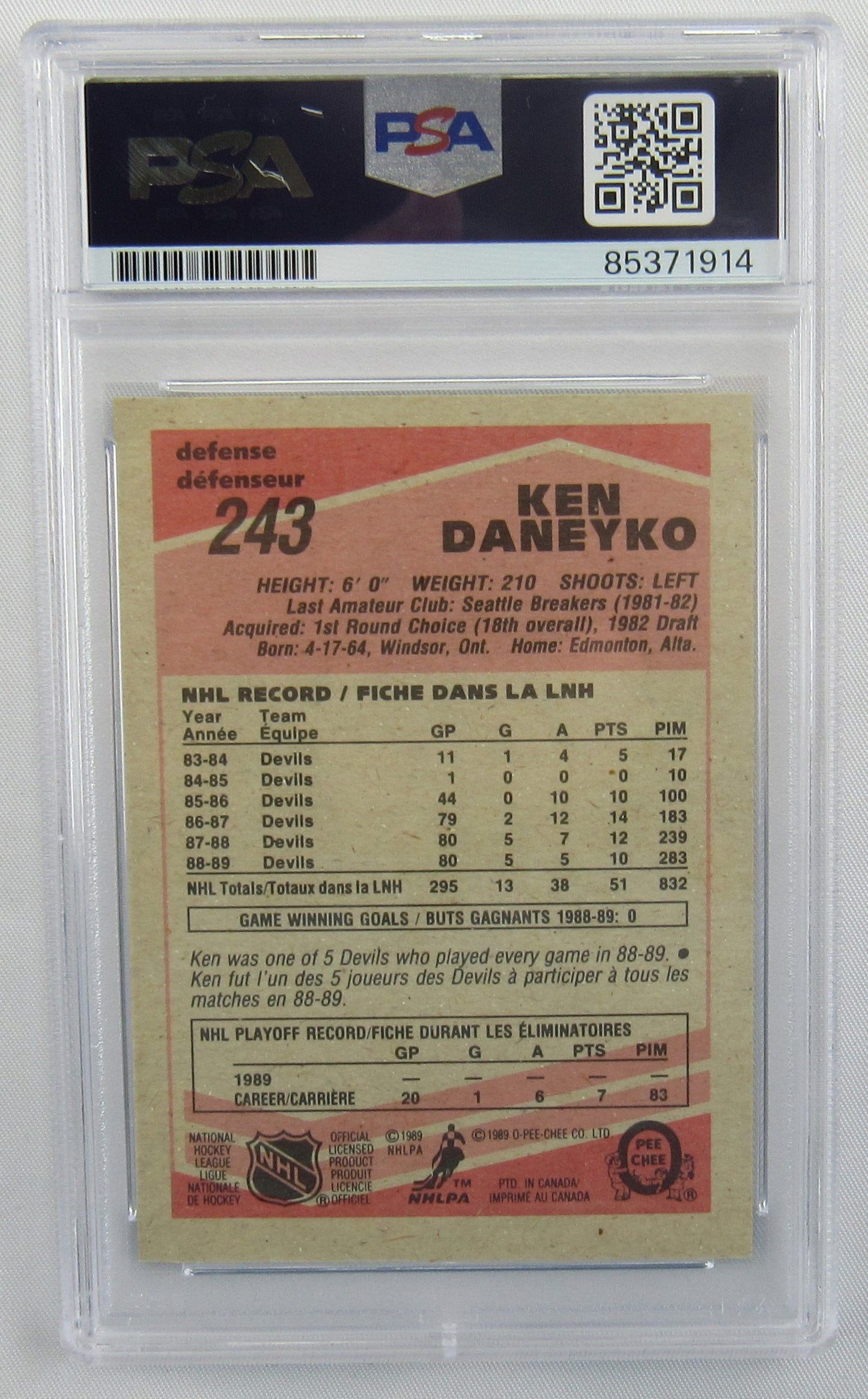 Ken Daneyko 1989 O-Pee-Chee Signed Auto Autograph Hockey Card PSA Encapsulated III