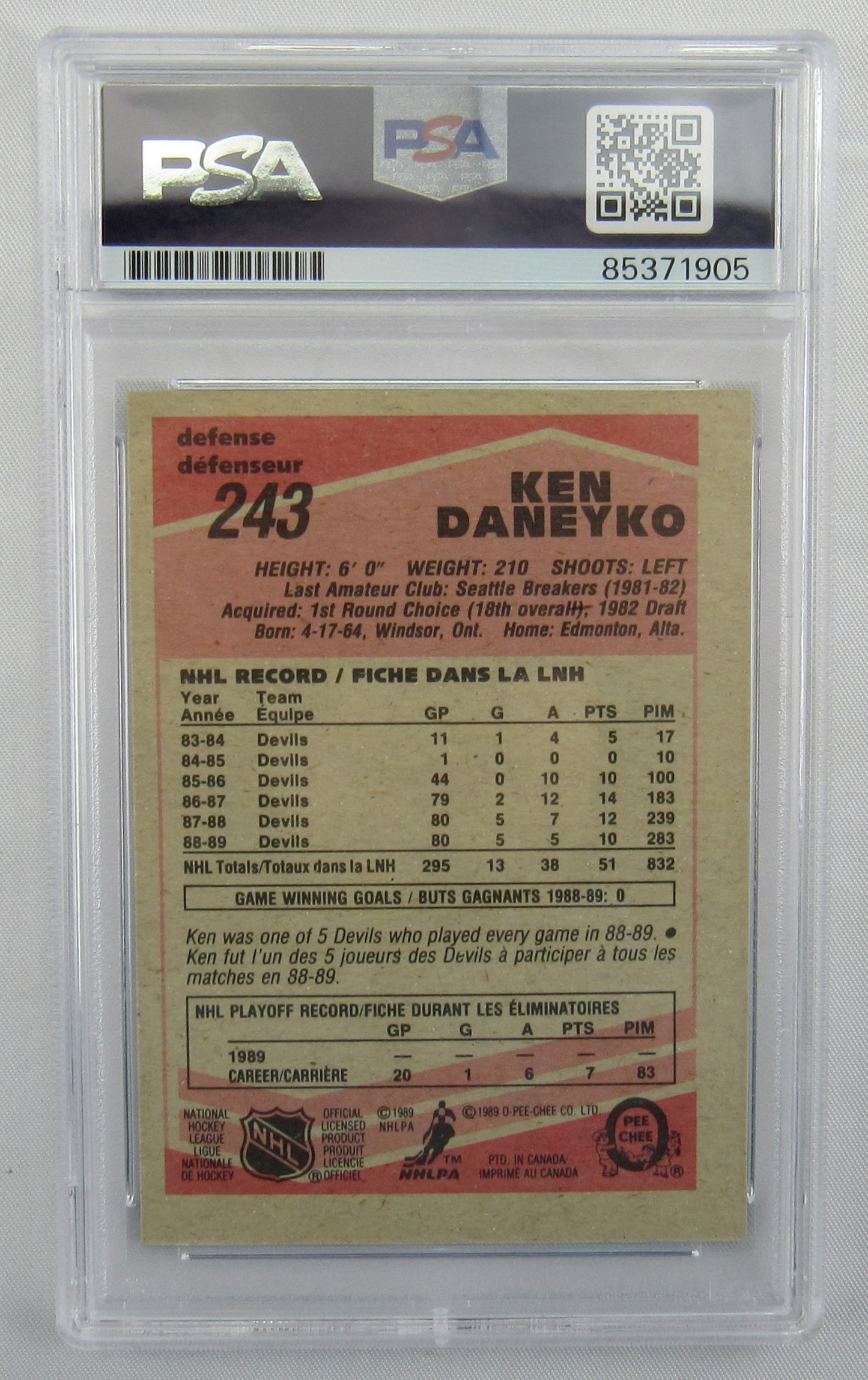 Ken Daneyko 1989 O-Pee-Chee Signed Auto Autograph Hockey Card PSA Encapsulated IV