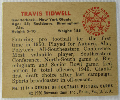 1950 Bowman Travis Tidwell Signed Auto Autograph Football Card