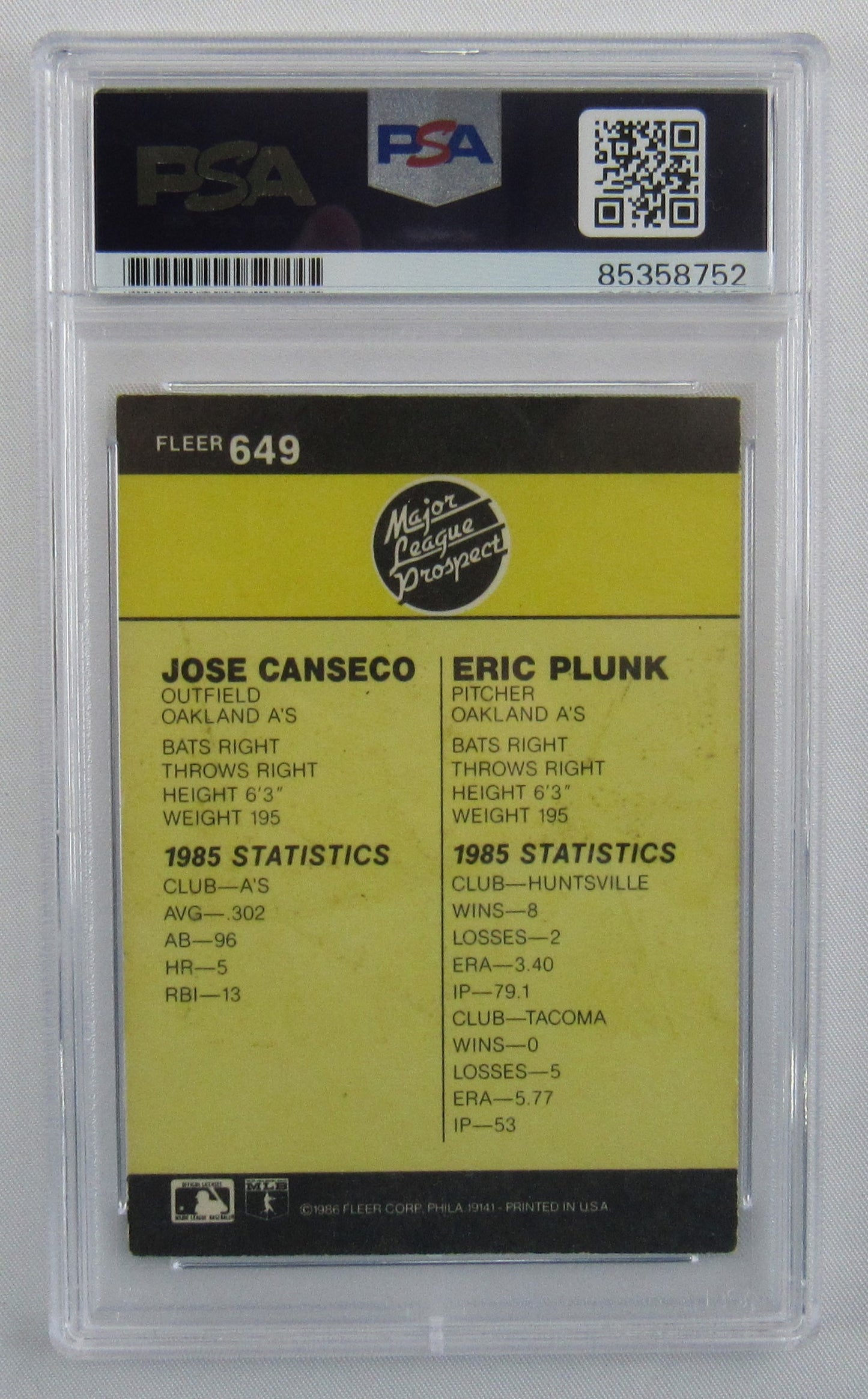 Jose Canseco Signed Auto Autograph 1986 Fleer Baseball Card PSA Encapsulated