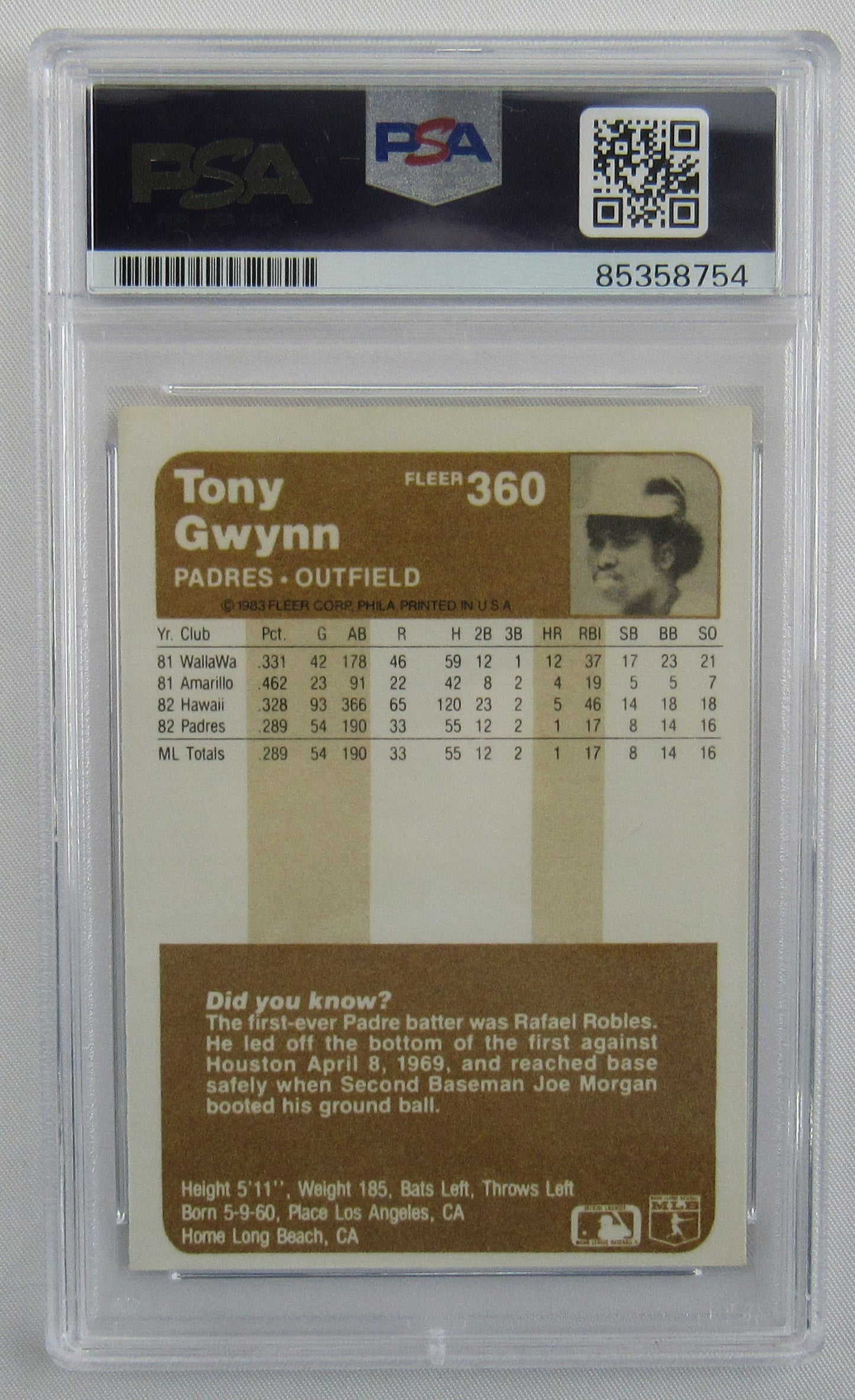 Tony Gwynn 1983 #360 Fleer Signed Auto Autograph Card PSA Encapsulated