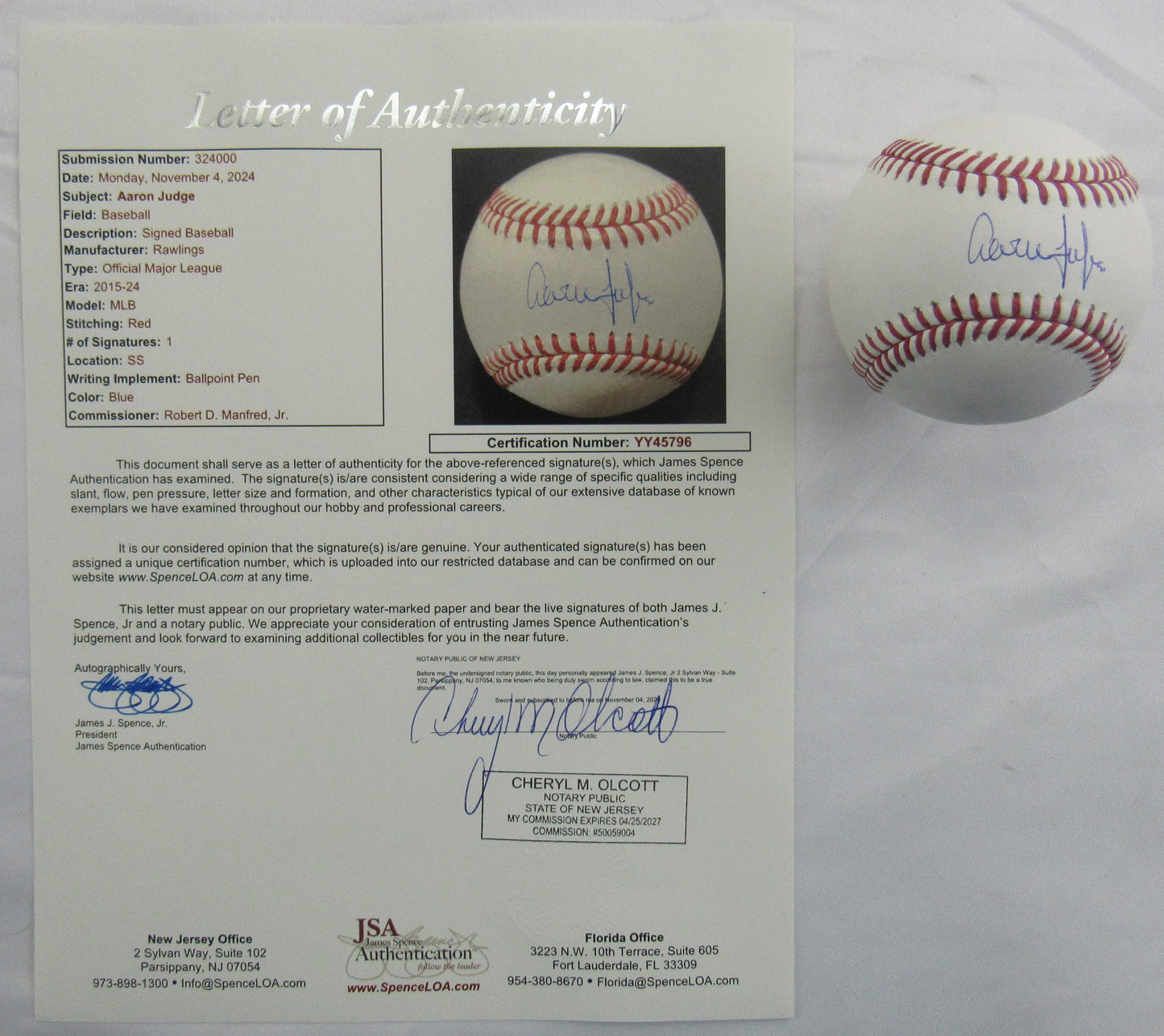 Aaron Judge Signed Auto Autograph Rawlings Baseball JSA LOA YY45796