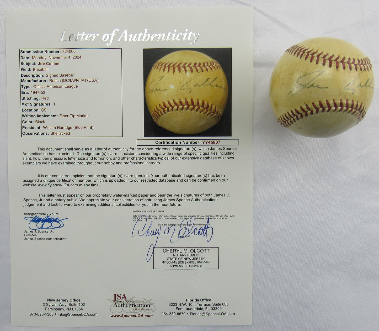 Joe Collins Signed Auto Autograph Rawlings Baseball JSA LOA YY45807