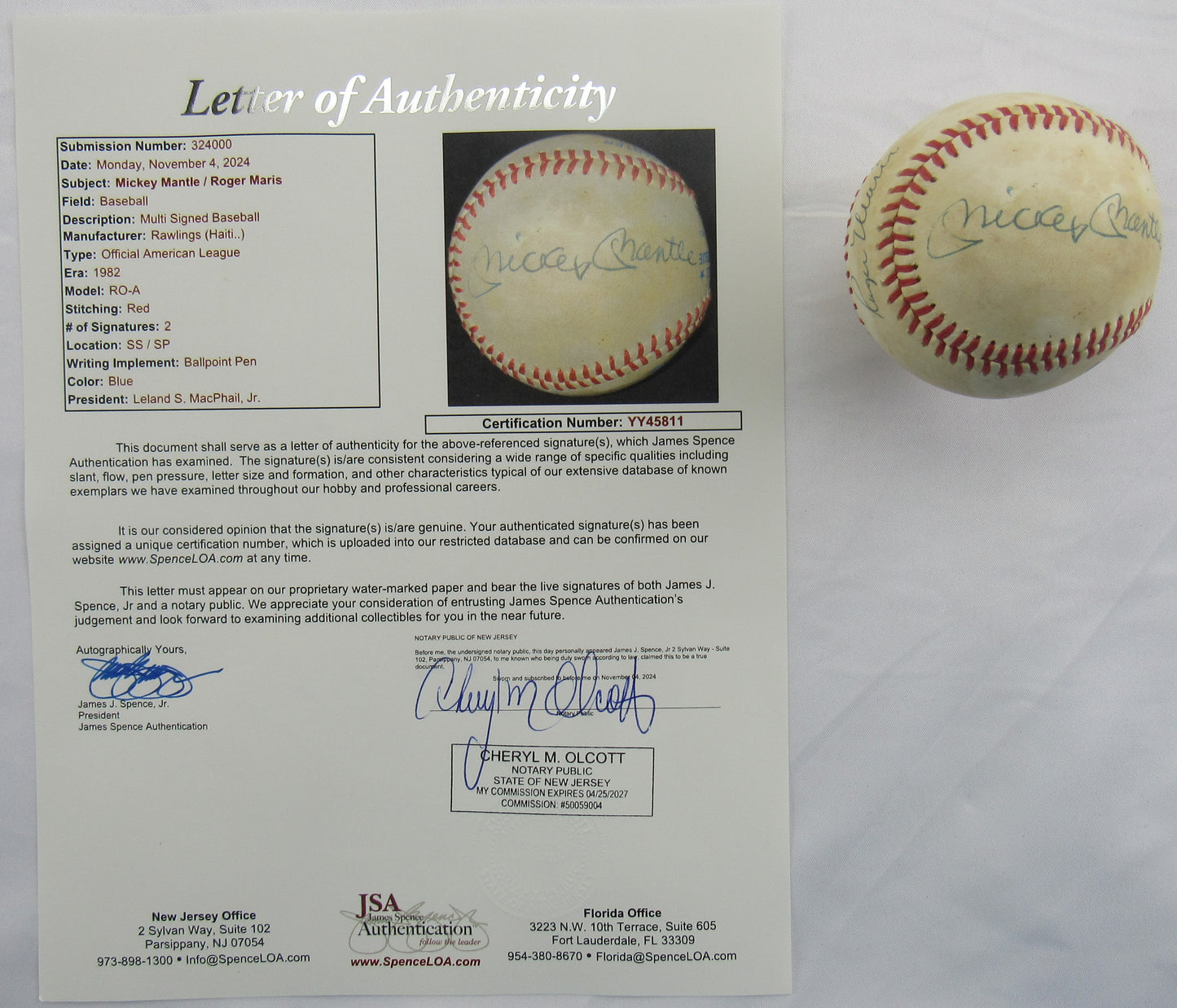 Mickey Mantle Roger Maris Signed Auto Autograph Rawlings Baseball JSA LOA YY45811