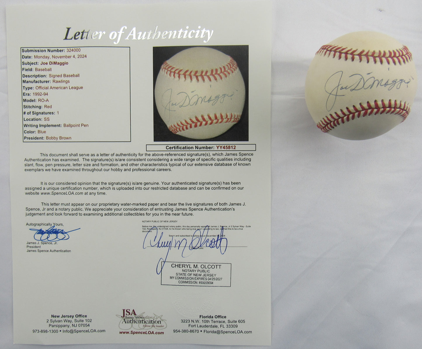 Joe DiMaggio Signed Auto Autograph Rawlings Baseball JSA LOA YY45812