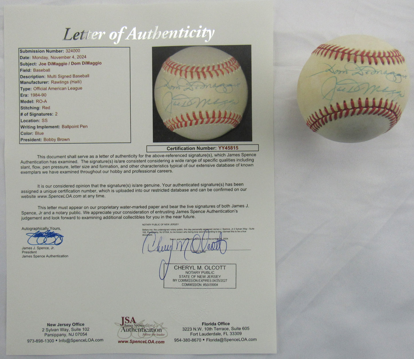 Joe DiMaggio Dom DiMaggio Signed Auto Autograph Rawlings Baseball JSA LOA YY45815