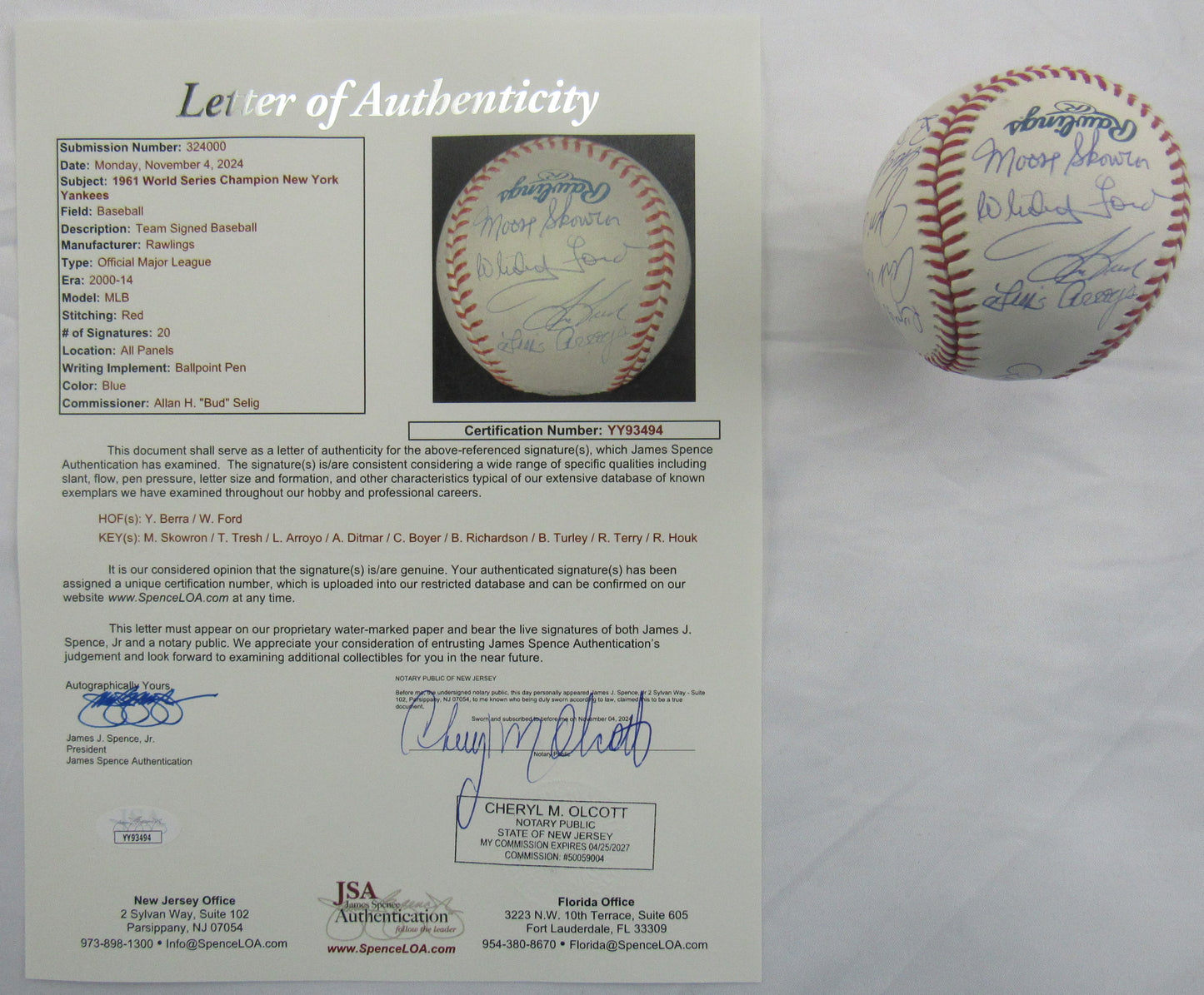 1961 World Series Yankees Signed Auto Autograph Rawlings Baseball JSA LOA YY93494