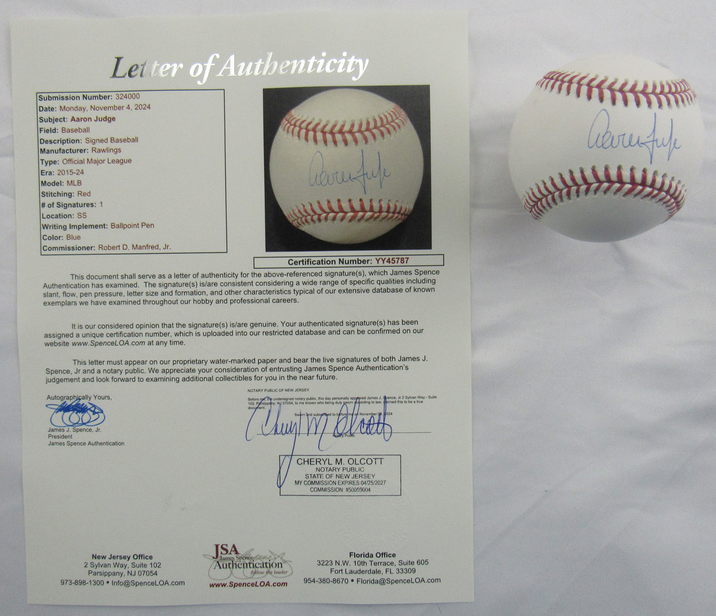 Aaron Judge Signed Auto Autograph Rawlings Baseball JSA LOA YY45787