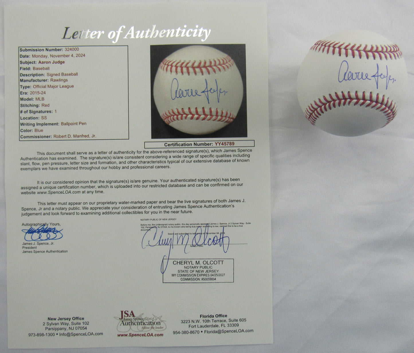 Aaron Judge Signed Auto Autograph Rawlings Baseball JSA LOA YY45789