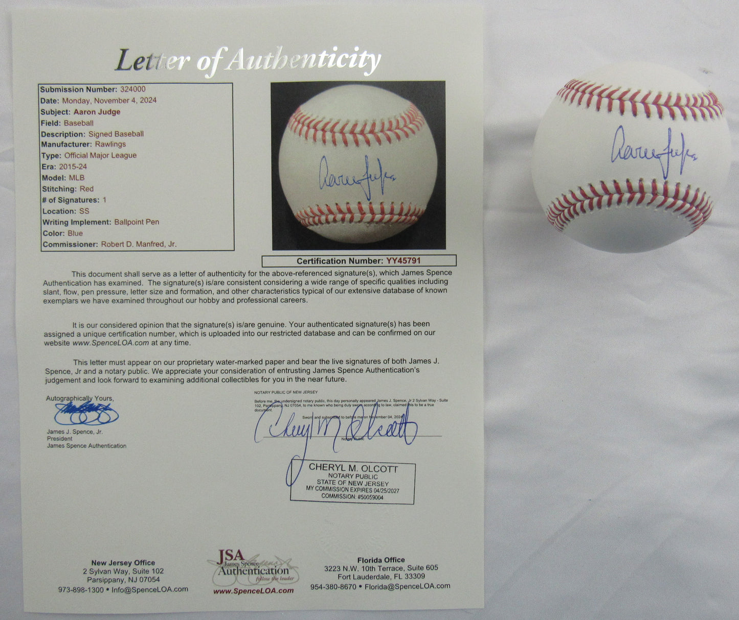 Aaron Judge Signed Auto Autograph Rawlings Baseball JSA LOA YY45791