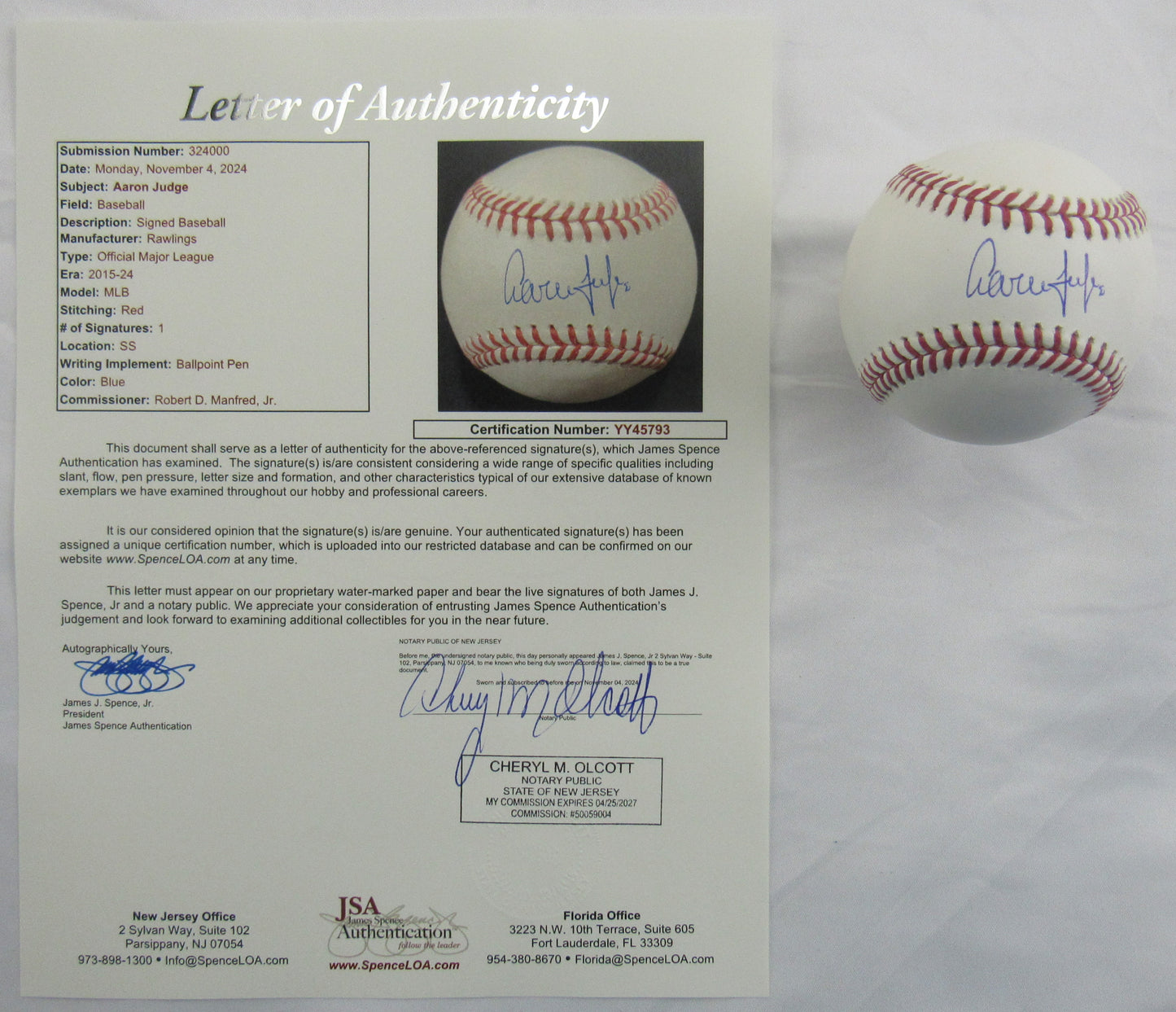 Aaron Judge Signed Auto Autograph Rawlings Baseball JSA LOA YY45793