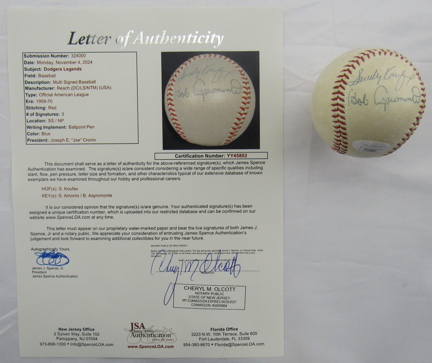 Sandy Koufax Sandy Amoros Bob Aspromonte Signed Auto Autograph Rawlings Baseball JSA LOA YY45802