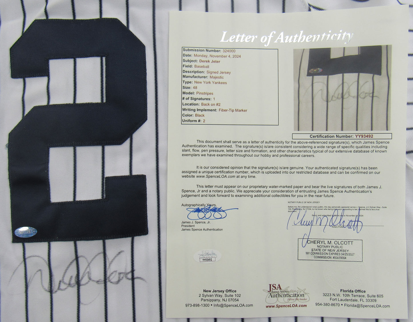 Derek Jeter Signed Auto Autograph Yankees Jersey JSA LOA YY93492