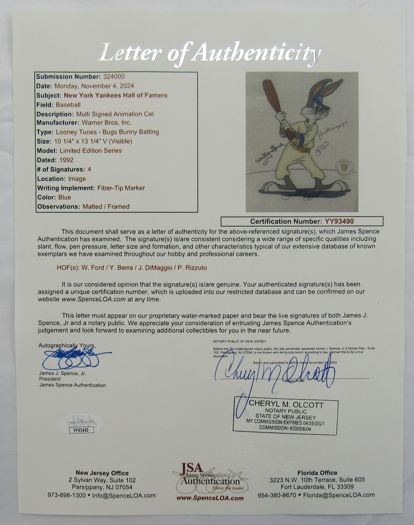 New York Yankees Hall of Famers Signed Auto Autograph Framed Looney Tunes Photo JSA LOA YY93490