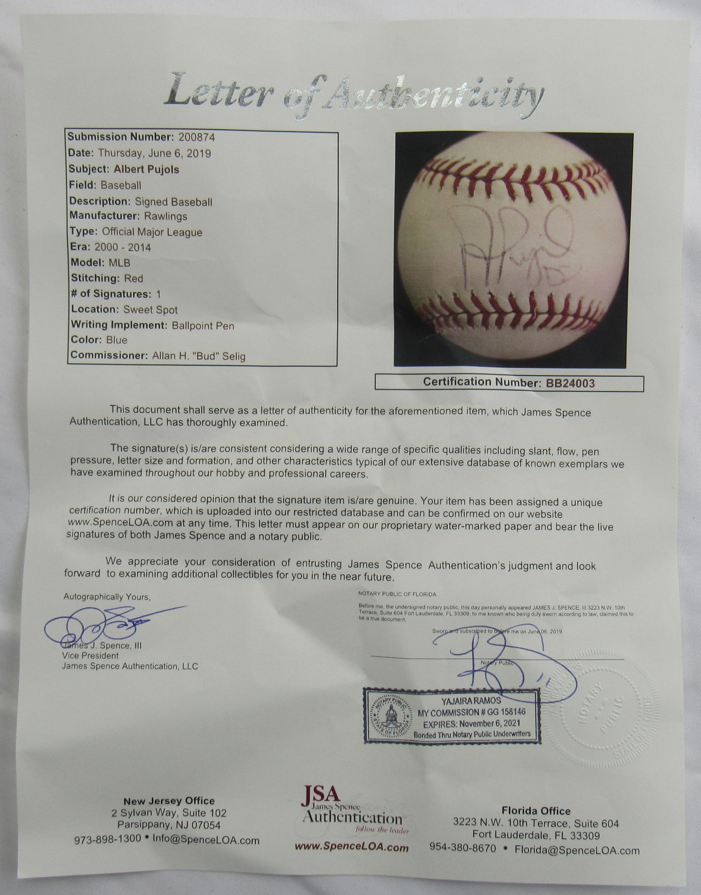 Albert Pujols Signed Auto Rawlings Baseball JSA LOA BB24003