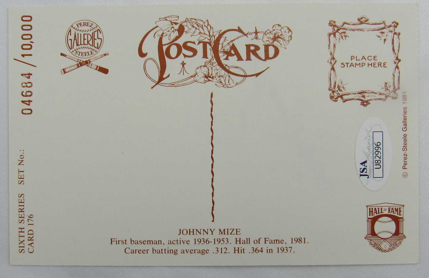 Johnny Mize Signed Auto Autograph Postcard JSA U82996