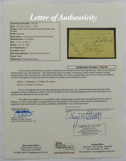 5 Yankees Hall of Famers & Greats Signed Auto Autograph 5.5x3.5 Index Card JSA LOA YY80108