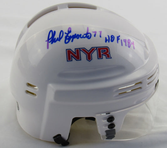 Phil Esposito Signed Auto Autograph Rangers Mini Helmet w/ HOF Insc JSA Certified