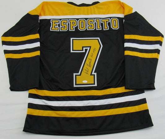 Phil Esposito Signed Auto Autograph Replica Bruins Jersey w/ HOF Insc JSA Certified